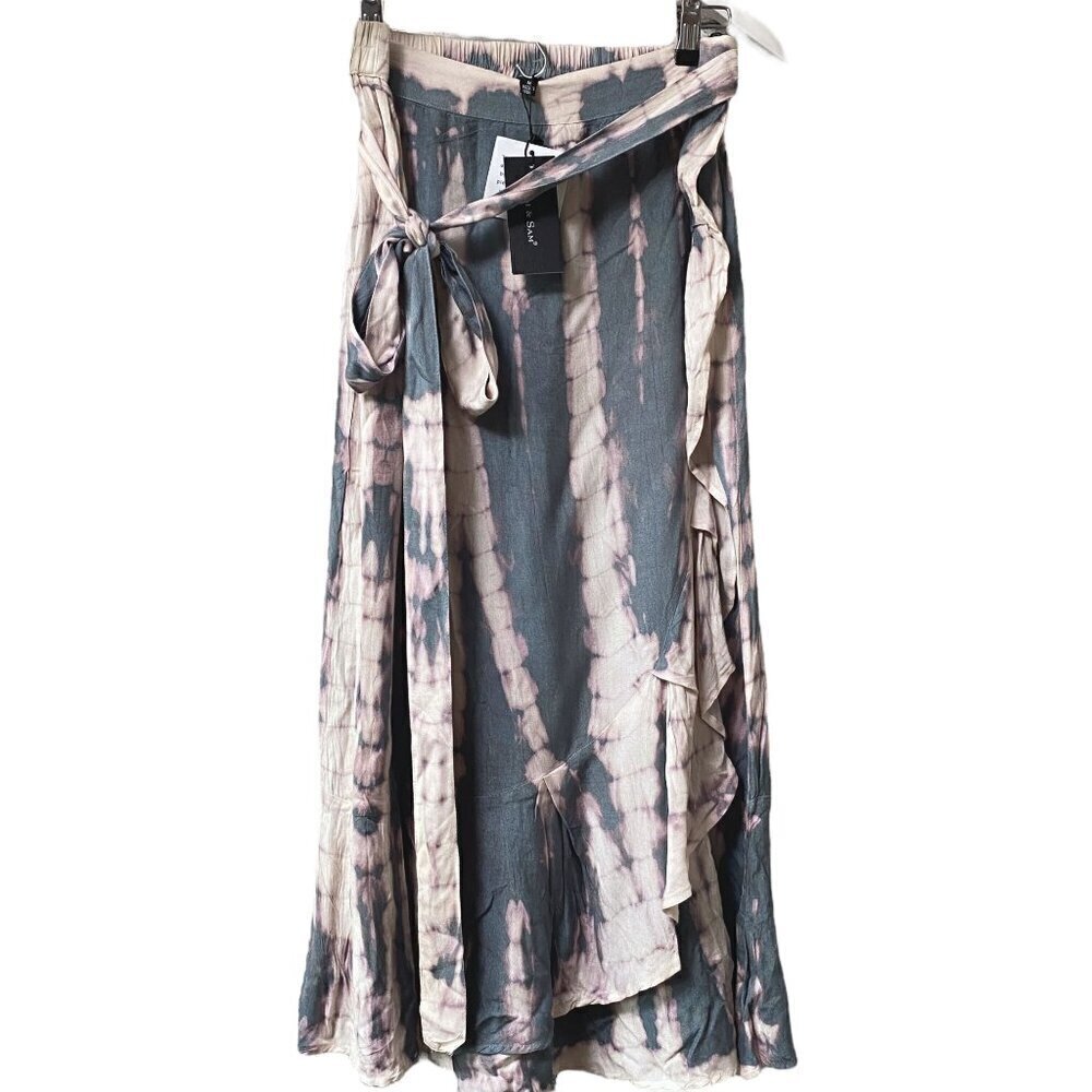 SIM & SAM Boho Midi Skirt S/M Gray Pink Rayon Ruffle NWT
